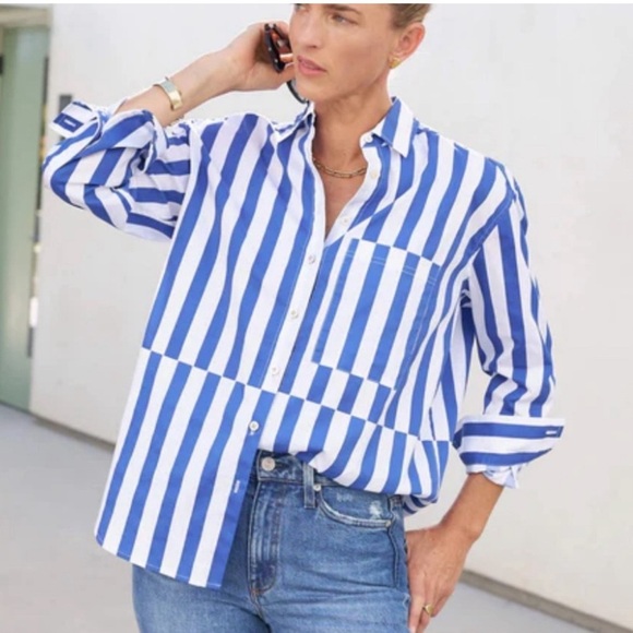 AYR The Deep End Button Down Shirt Marais Blue Regatta Stripes - Picture 1 of 10